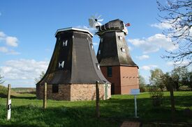 Zwillingswindmühlen Neu Vorwerk - Erdholländer - Ansicht von Erdholländer und Galerieholländer von der Straße mit Infoschild 2024