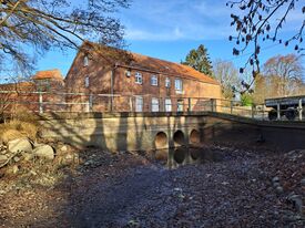Wassermühle Stove - Ansicht der Mühle mit Zulauf des trockengelegten Mühlenteiches zum Karpfenabfischen 2025