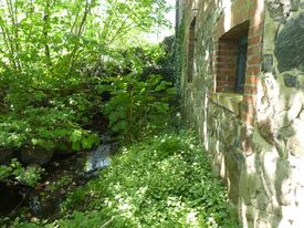 Wassermühle Kukuk - Ansicht der Giebelseite Wasserseite mit Rest des Wasserrades 2024