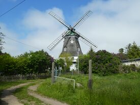 Windmühle Grevesmühlen - Ansicht der Mühle inmitten einer Gartenanlage 2021
