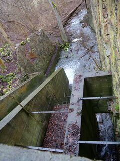 Wassermühle Wanzka - Blick auf Auslauf Wehr 2025